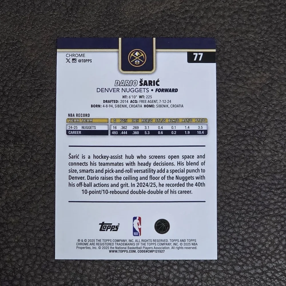 2025–26 Topps Chrome Dario Saric Green Refractor 45/99 Nuggets